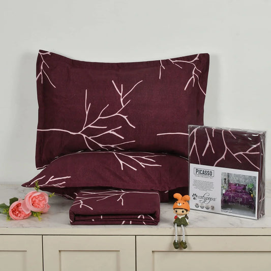 Picasso 3PC Bedsheet Set in Maroon Burgundy with White Branch Pattern - Double Bed Glace Cotton 180 TC by CATYPOPA - Complete Set with 2 Pillow Covers and Premium Taiwan DOP Packaging towelleo.com