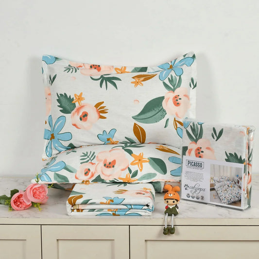 Picasso Floral Bedsheet Set with Blue Pink Orange Flowers - 3PC Double Bed Cotton Set in Bedroom Setting towelleo.com