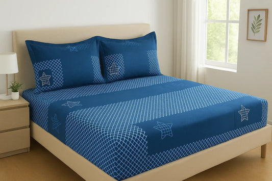 Picasso Navy Blue Geometric Bedsheet Set - 3PC Double Bed Cotton Set in Modern Bedroom Setting towelleo.com