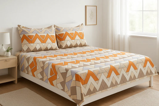 Picasso Orange Geometric 3PC Bedsheet Set - Double Bed Setup in Modern Bedroom - Orange Beige White Triangular Patterns - Glace Cotton 180 TC by CATYPOPA towelleo.com