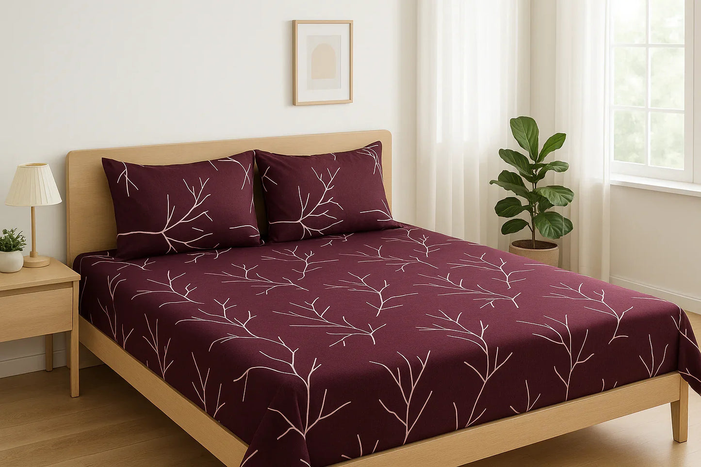 Picasso 3PC Bedsheet Set in Maroon Burgundy with White Branch Pattern - Double Bed Setup in Modern Bedroom - Glace Cotton 180 TC by CATYPOPA towelleo.com