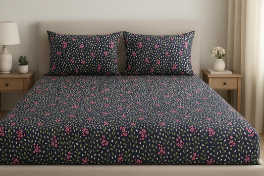 TAJ Collection premium cotton bedsheet set with dark navy floral pattern, white dots, green leaves and pink flowers - double bed size with matching pillow covers