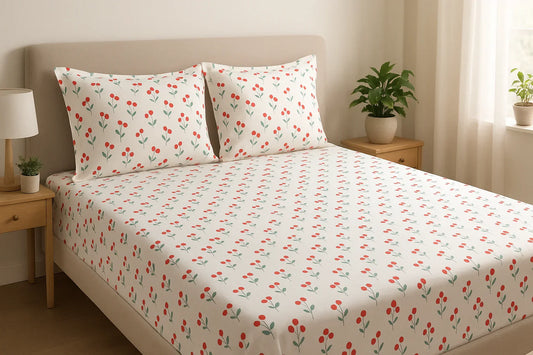 TAJ Collection cherry blossom bedsheet set spread on double bed showing white cotton with red cherry pattern and green leaves, includes matching pillow covers in modern bedroom setting TAJ Collection cherry blossom bedsheet set spread on double bed showing white cotton with red cherry pattern and green leaves, includes matching pillow covers in modern bedroom setting