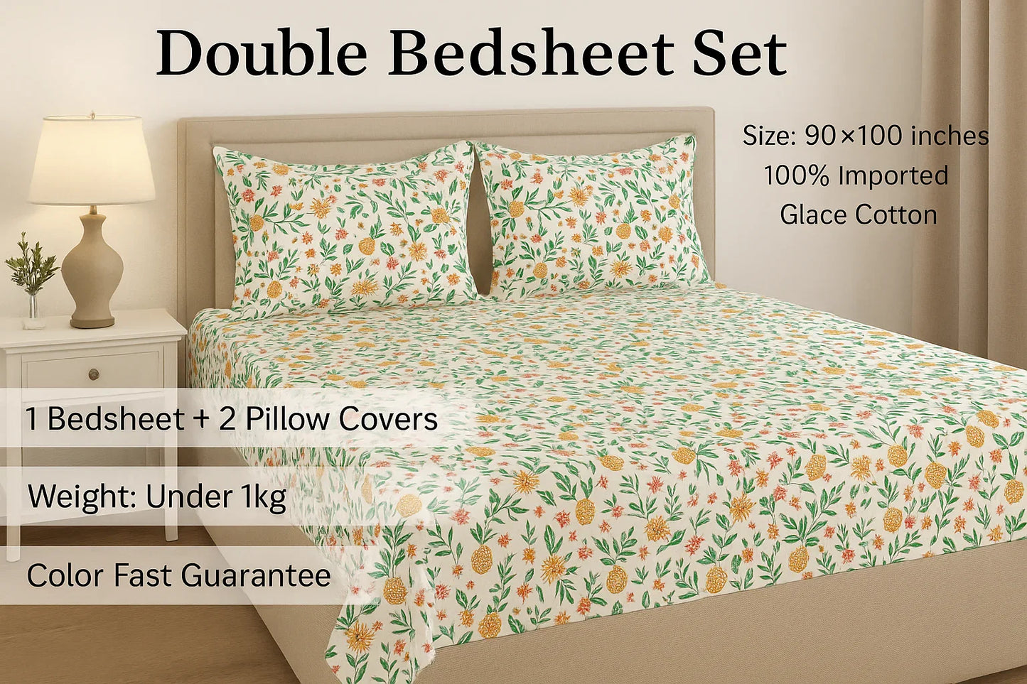TAJ Collection premium bedsheet set product details - double size 90x100 inches, 100% imported glace cotton with tropical pineapple design