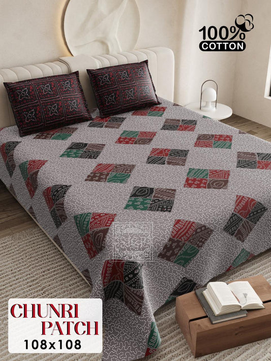 Chunri Patch grey patchwork king size bedsheet set with colorful traditional square patches in red, green and black - 100% cotton bedding set 108x108 inches with matching pillow covers displayed on modern bedroom setting
