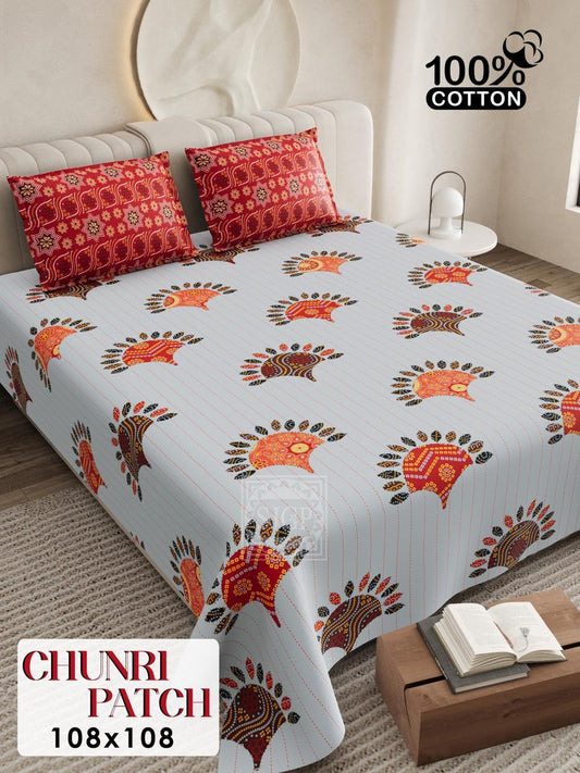 Chunri Patch peacock feather king size bedsheet set with traditional orange and red peacock motifs on light blue background - 100% cotton bedding set 108x108 inches with matching pillow covers displayed on modern bedroom setting
