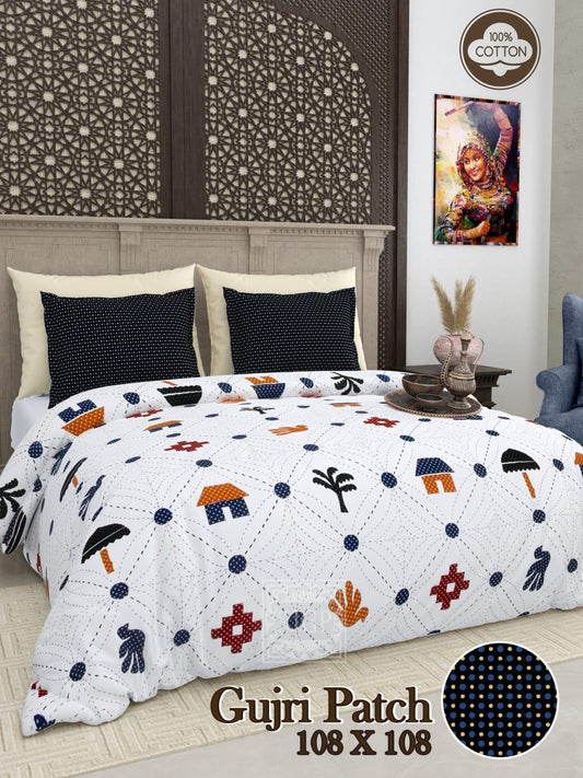 Gujri Patch King Size Pure Cotton Bedsheet Set with traditional animal motifs and floral patterns in brown, orange and red, coordinated pillow covers displayed in elegant bedroom towelleo.com