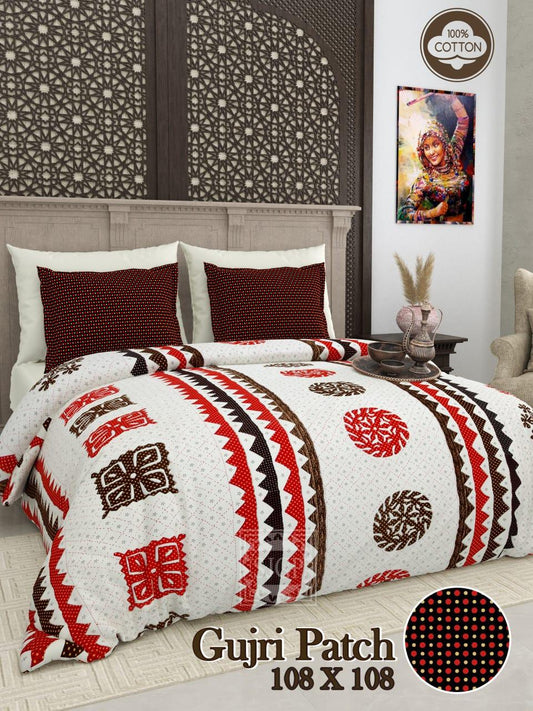 Gujri Patch King Size Pure Cotton Bedsheet Set with traditional red and brown geometric patterns, coordinated pillow covers, displayed on elegant bedroom setting towelleo.com