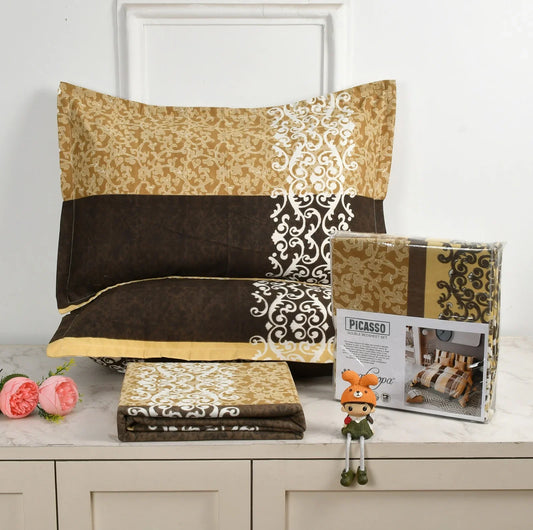 Royal brown and gold bedsheet set with white baroque ornate pattern - Picasso collection 3PC cotton bedding set with luxury design by Towelleo.com displayed on white dresser with decorative flowers and packaging
