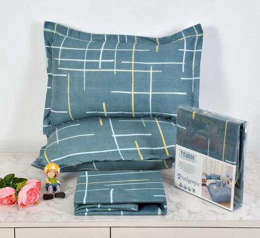 Teal blue bedsheet set with white and yellow grid line pattern - Picasso collection 3PC cotton bedding set with modern geometric design by Towelleo.com displayed on white dresser with decorative flowers and packaging
