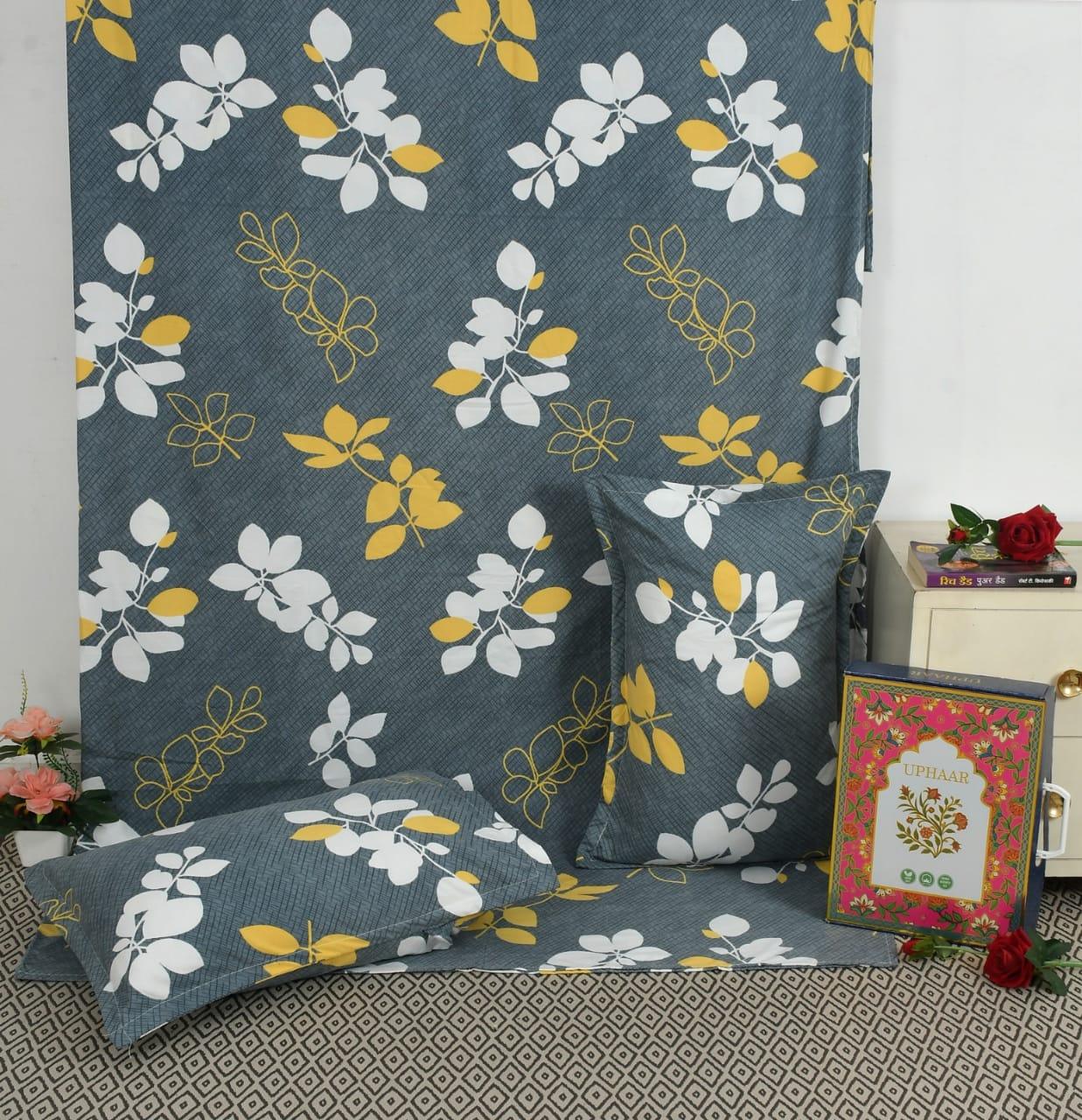 "Uphaar Premium Bedsheet Gift Set by Towel Leo - Grey Floral King Size 230x250cm with Yellow White Flowers"