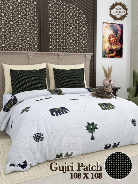 Gujri Patch King Size Pure Cotton Bedsheet Set - Traditional Animal Motif Design with Pillow Covers