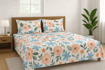 Picasso Floral Bedsheet Set with Blue Pink Orange Flowers - 3PC Double Bed Cotton Set in Bedroom Setting towelleo.com
