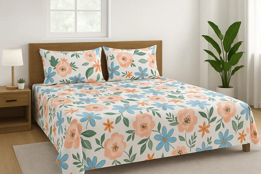 Picasso Floral Bedsheet Set with Blue Pink Orange Flowers - 3PC Double Bed Cotton Set in Bedroom Setting towelleo.com
