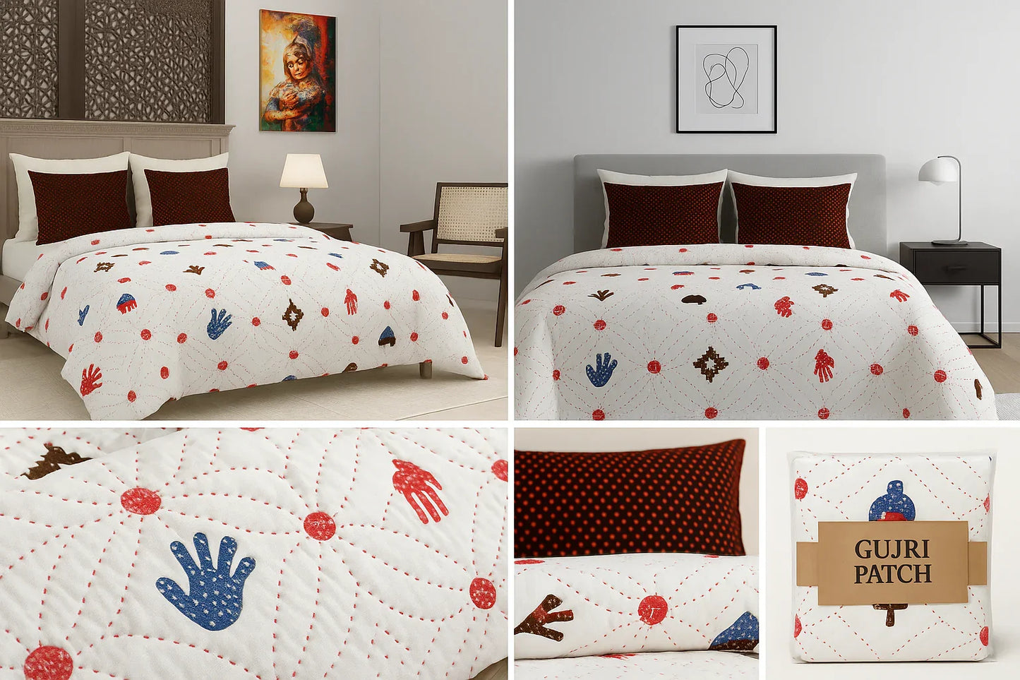 GUJRI PATCH premium king size pure cotton bedsheet set collage showing 108x108 inches bedsheet with traditional motifs, red dots, blue hand prints, coordinated pillow covers and 100% cotton quality badge
