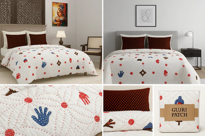 GUJRI PATCH premium king size pure cotton bedsheet set collage showing 108x108 inches bedsheet with traditional motifs, red dots, blue hand prints, coordinated pillow covers and 100% cotton quality badge

