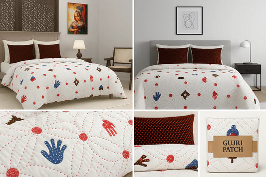 GUJRI PATCH premium king size pure cotton bedsheet set collage showing 108x108 inches bedsheet with traditional motifs, red dots, blue hand prints, coordinated pillow covers and 100% cotton quality badge
