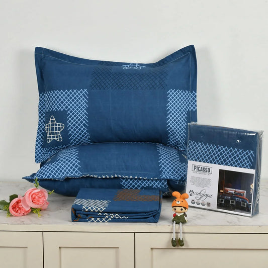 Picasso Navy Blue Geometric Bedsheet Set with White Patterns - 3PC Cotton Set with Premium Packaging towello.com