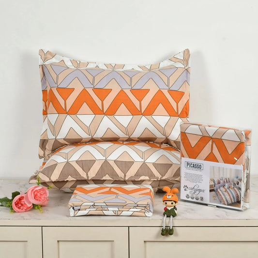 Picasso Orange Geometric 3PC Bedsheet Set - Double Bed Setup in Modern Bedroom - Orange Beige White Triangular Patterns - Glace Cotton 180 TC by CATYPOPA towelleo.
om