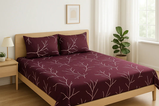 Picasso 3PC Bedsheet Set in Maroon Burgundy with White Branch Pattern - Double Bed Setup in Modern Bedroom - Glace Cotton 180 TC by CATYPOPA towelleo.com
