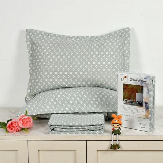 TAJ Collection double bedsheet set with blue box pattern on white background, 100% imported glace cotton fabric, luxury button box packaging with matching pillow covers towelleo.com