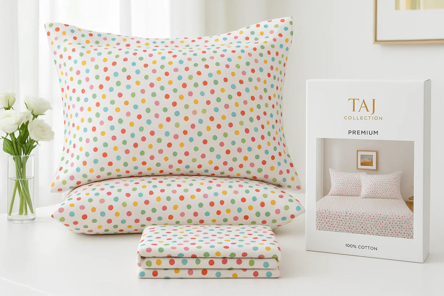 TAJ Collection colorful polka dot bedsheet lifestyle shot with packaging