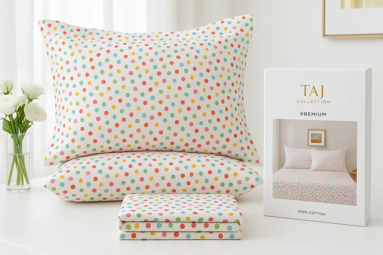 TAJ Collection colorful polka dot bedsheet lifestyle shot with packaging