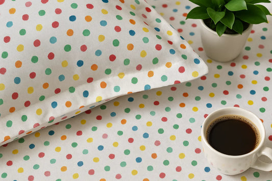 TAJ Collection premium glace cotton bedsheet close-up showing vibrant multicolored polka dot pattern texture - white background with red, green, blue, yellow, pink, orange dots
