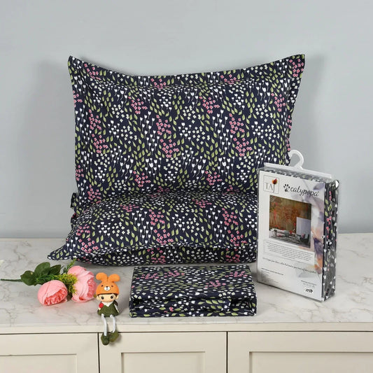 TAJ Collection premium cotton bedsheet set with dark navy floral pattern, white dots, green leaves and pink flowers - double bed size with matching pillow covers