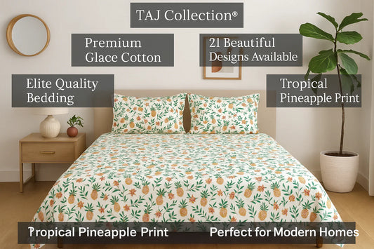 TAJ Collection tropical pineapple bedsheet beautifully displayed on bed with matching pillow covers, 90x100 inches double size
