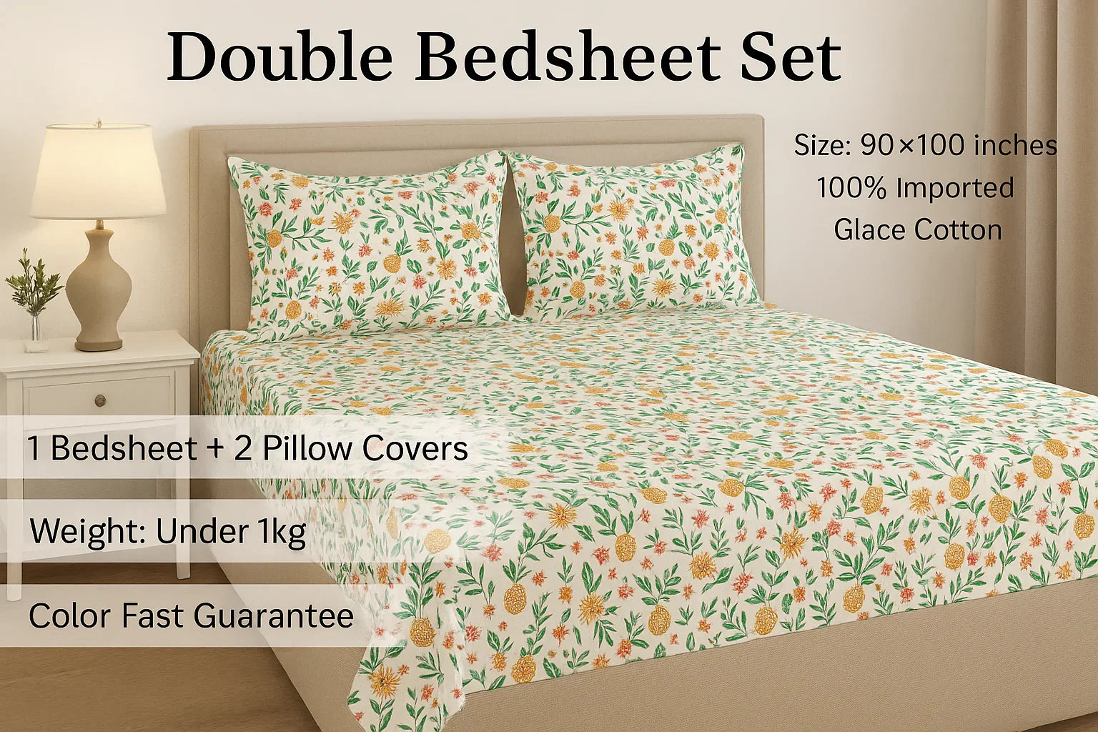 TAJ Collection premium bedsheet set product details - double size 90x100 inches, 100% imported glace cotton with tropical pineapple design