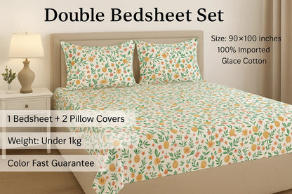 TAJ Collection premium bedsheet set product details - double size 90x100 inches, 100% imported glace cotton with tropical pineapple design
