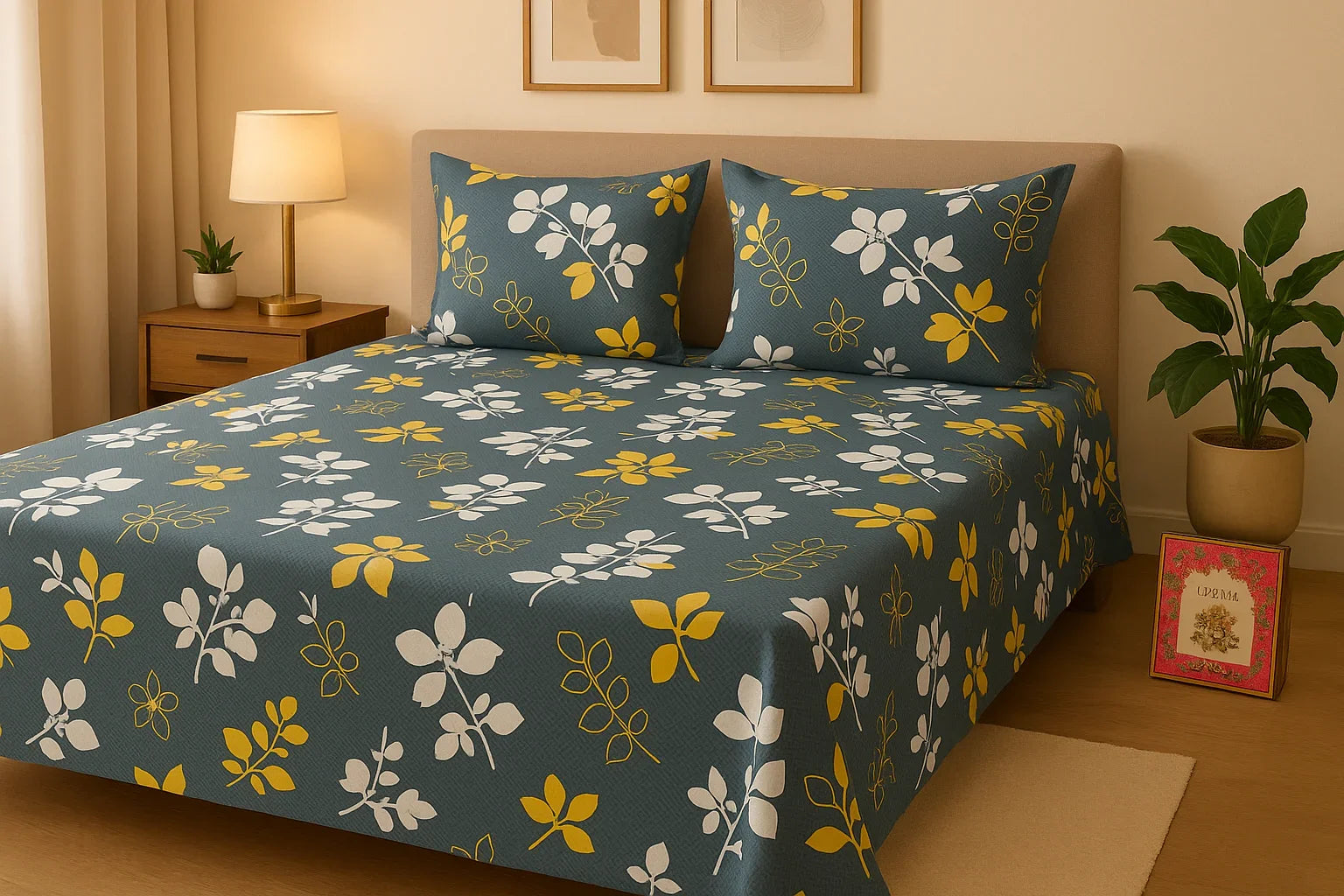"Uphaar Premium Bedsheet King Size Bed Lifestyle Grey Floral Pattern Towel Leo Bedroom Decor"
