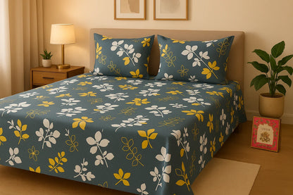"Uphaar Premium Bedsheet King Size Bed Lifestyle Grey Floral Pattern Towel Leo Bedroom Decor"