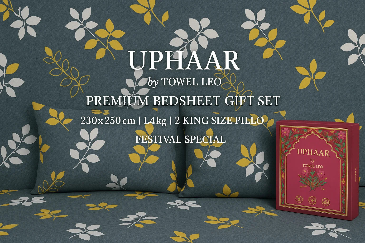 "Uphaar Premium Bedsheet Gift Set by Towel Leo - Grey Floral King Size 230x250cm with Yellow White Flowers"