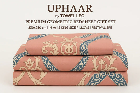 "Uphaar Premium Geometric Bedsheet Gift Set HD Pink Blue Cream Diamond Pattern Towel Leo"