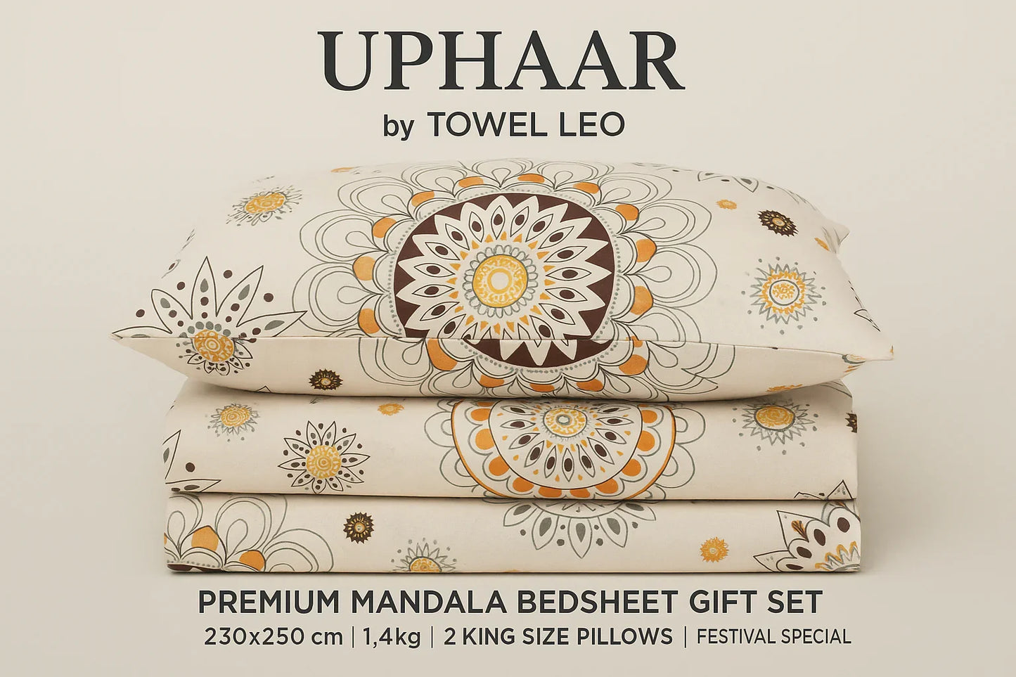 Uphaar Premium Mandala Bedsheet Gift Set Towel Leo King Size 230x250 Cream Orange Brown"
