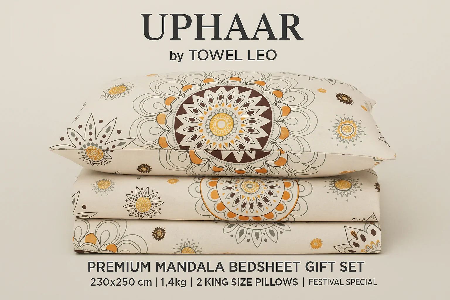 Uphaar Premium Mandala Bedsheet Gift Set Towel Leo King Size 230x250 Cream Orange Brown"