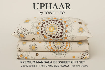 Uphaar Premium Mandala Bedsheet Gift Set Towel Leo King Size 230x250 Cream Orange Brown"